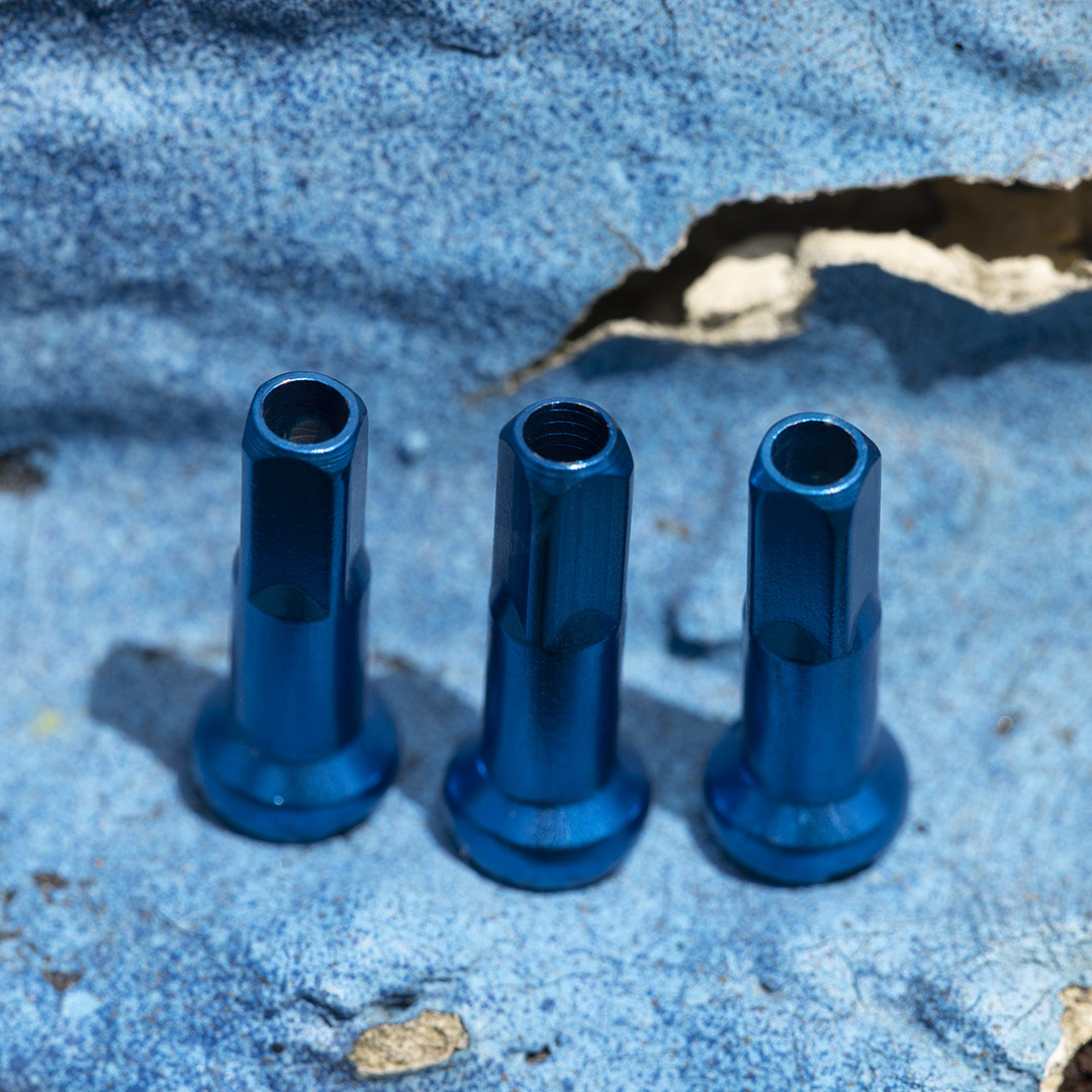 Anodized blue aluminum spoke nipples! Mission BMX